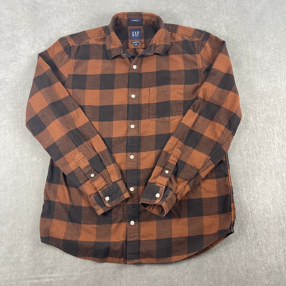 Gap Mens L Brown Buffalo Plaid Flannel Shirt Organic Cotton Standard Fit